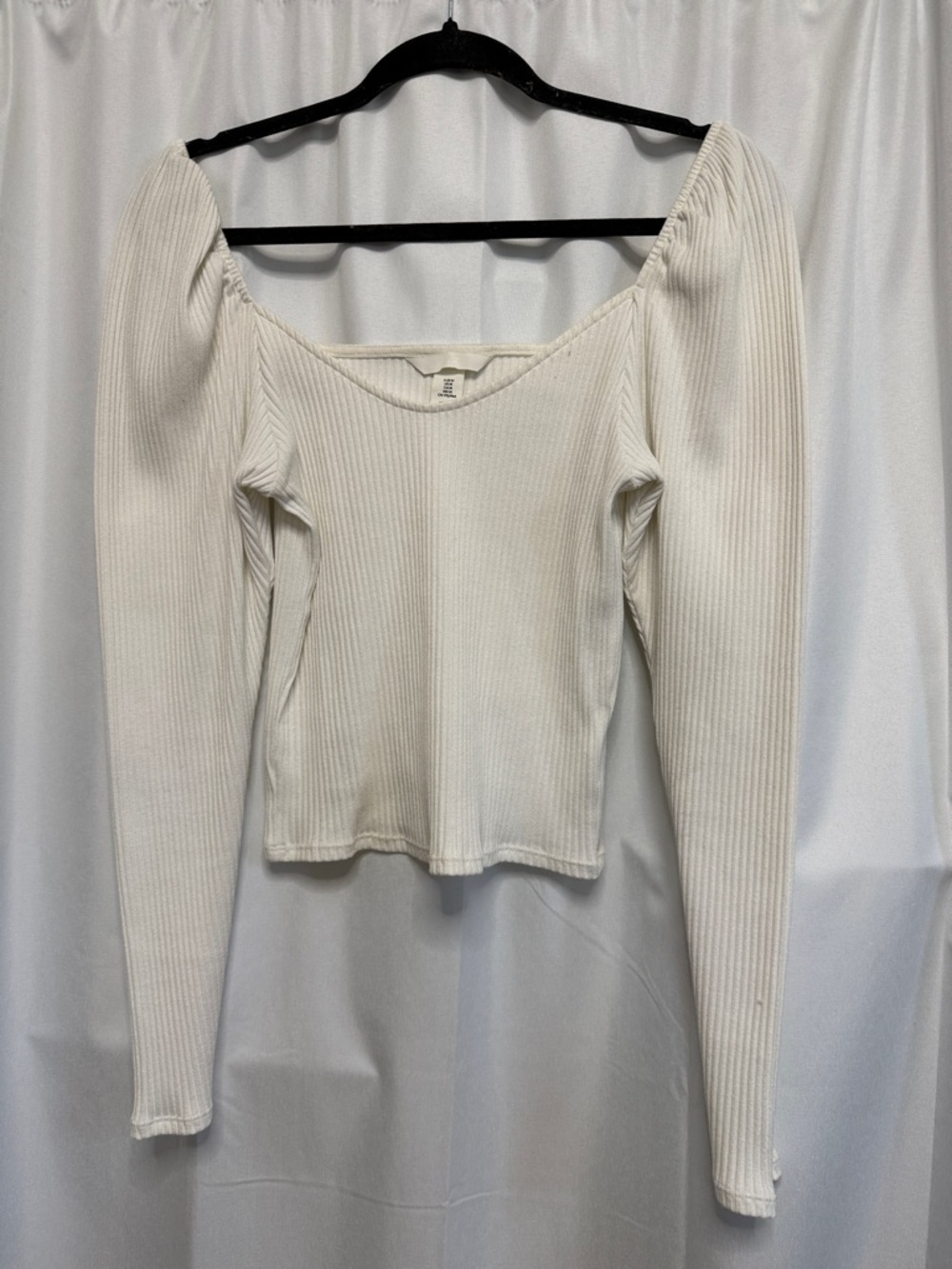 H&M Cream Ribbed Square-Neck Long Sleeve Top
